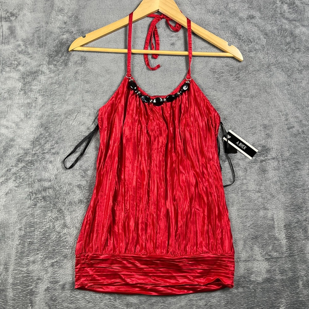 A. Byer Halter Top Womens Small Vibrant Red Pleated Beaded Lined Sleeveless